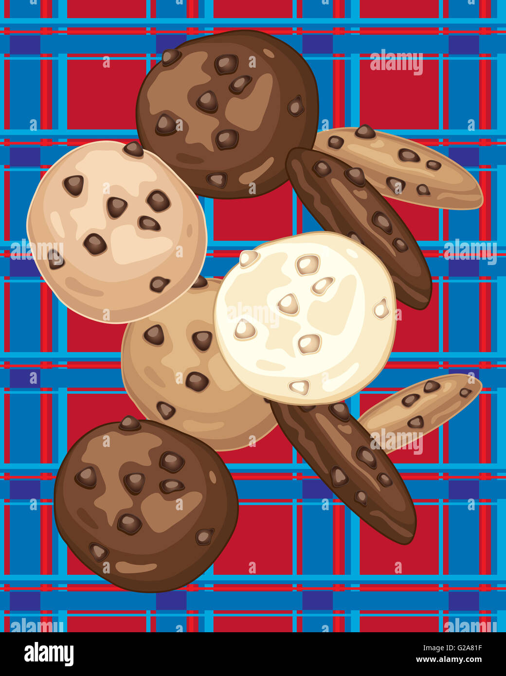 Une illustration de cookies aux pépites de chocolat sur une conception tartan rouge et bleu Banque D'Images