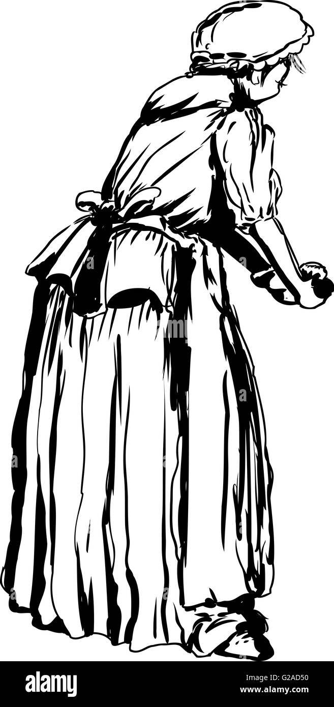 Description de la vue arrière sur la seule femme dans les vêtements du 18e siècle pâte pétrir Banque D'Images