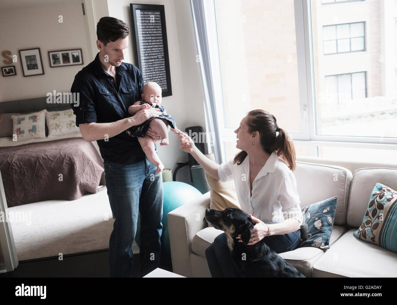 Les parents de jouer avec bébé fille (2-5 mois) et le chien dans la salle de séjour Banque D'Images