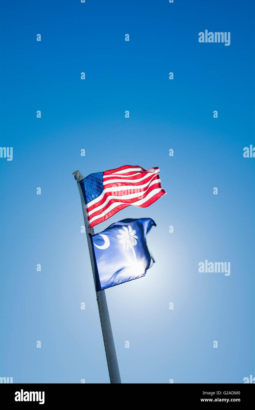 American et South Carolina State flags contre ciel clair Banque D'Images