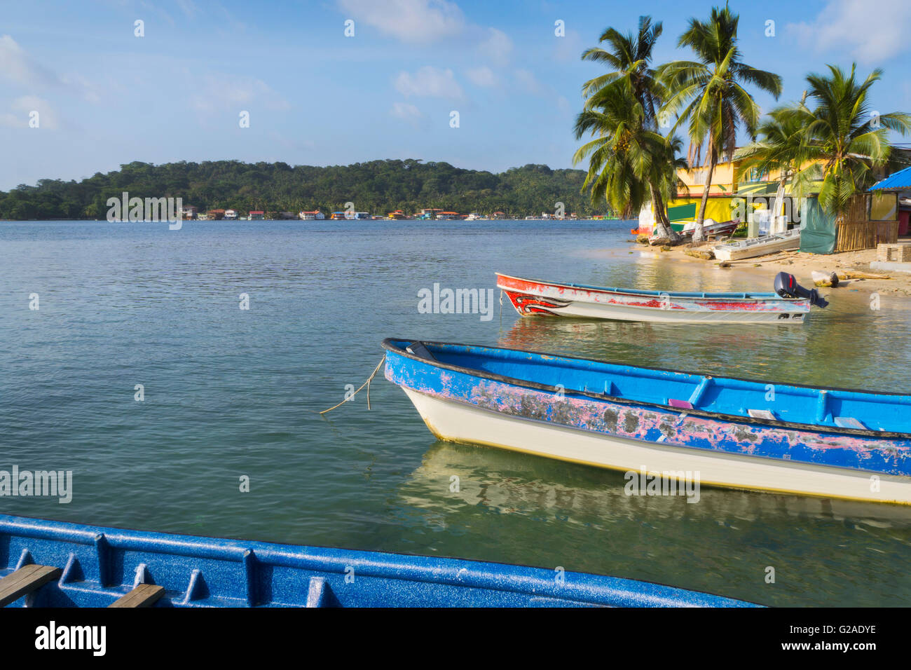 Vieux bateaux amarrés par plage avec palmiers croissant Banque D'Images