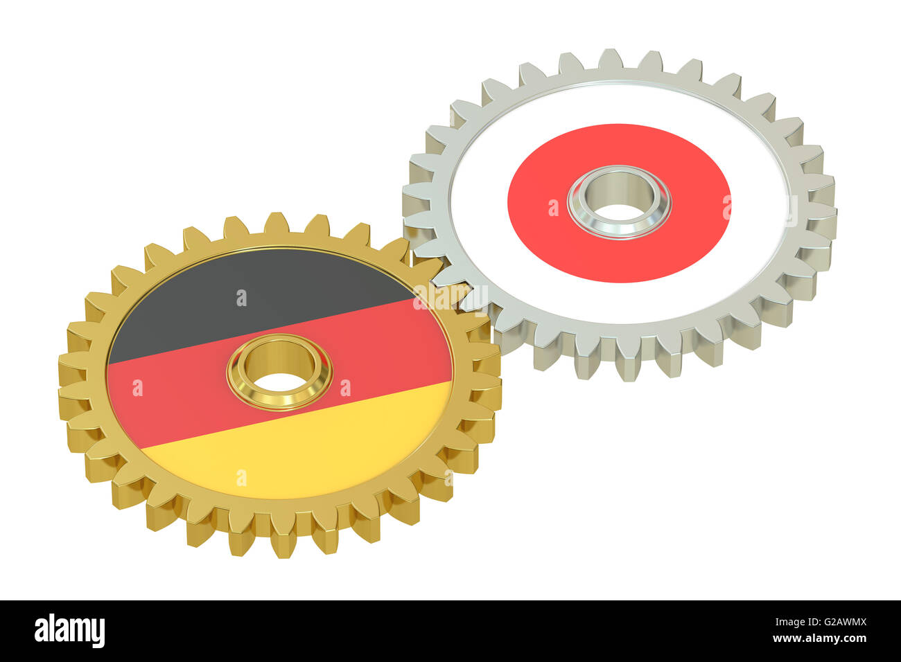 Les relations de l'Allemagne et le Japon, les drapeaux sur un concept de vitesse. Le rendu 3D isolé sur fond blanc Banque D'Images