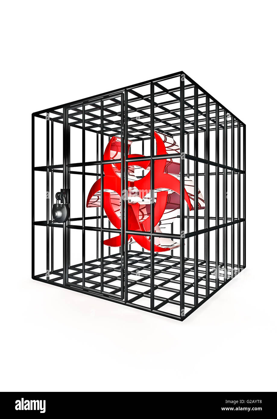 Biohazard en cage / 3D render of biohazard symbole dans cage en métal Banque D'Images
