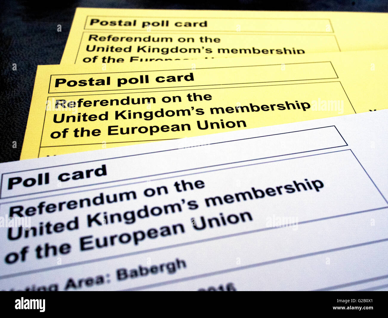 Les cartes de vote pour le référendum de l'Union européenne du Royaume-Uni, 2016. Banque D'Images