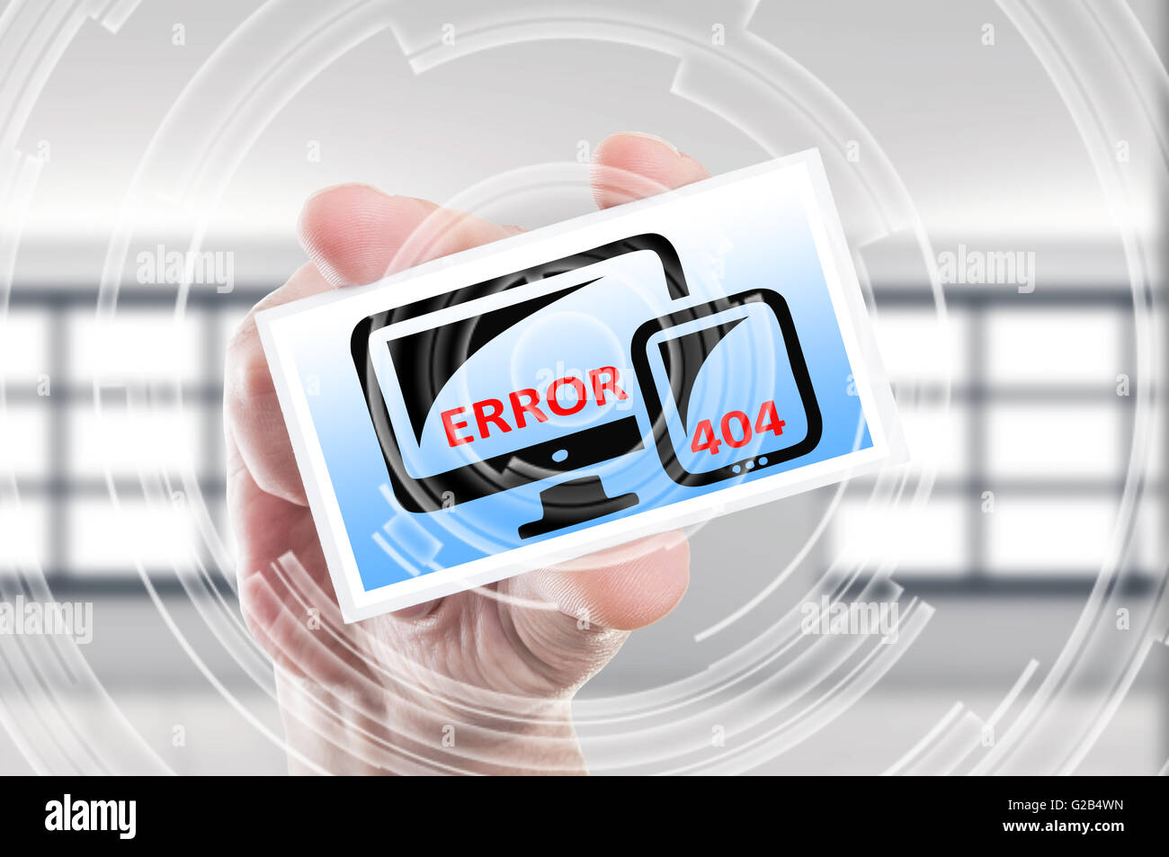 Erreur 404 futuriste concept page non trouvée sur le moniteur de l'ordinateur tablette ou smartphone et mobile Banque D'Images