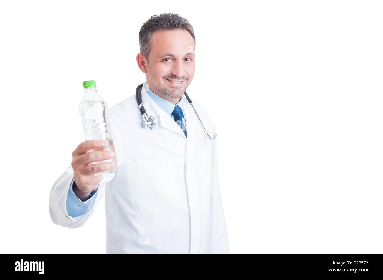 Conseils médicaux à rester hydratés concept avec médecin tenant une bouteille d'eau Banque D'Images