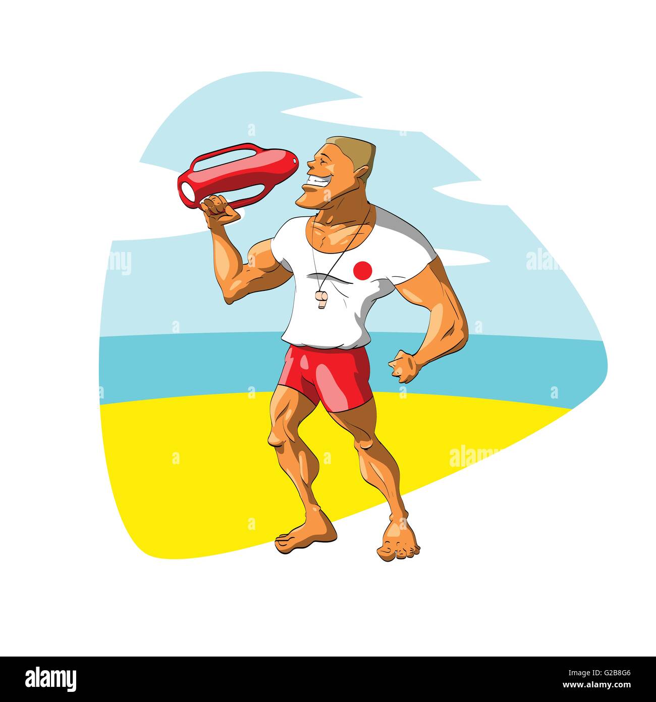 Colorful vector illustration d'un homme, musclé, jeune maître-nageur veillant sur le monde sur la plage. Illustration de Vecteur