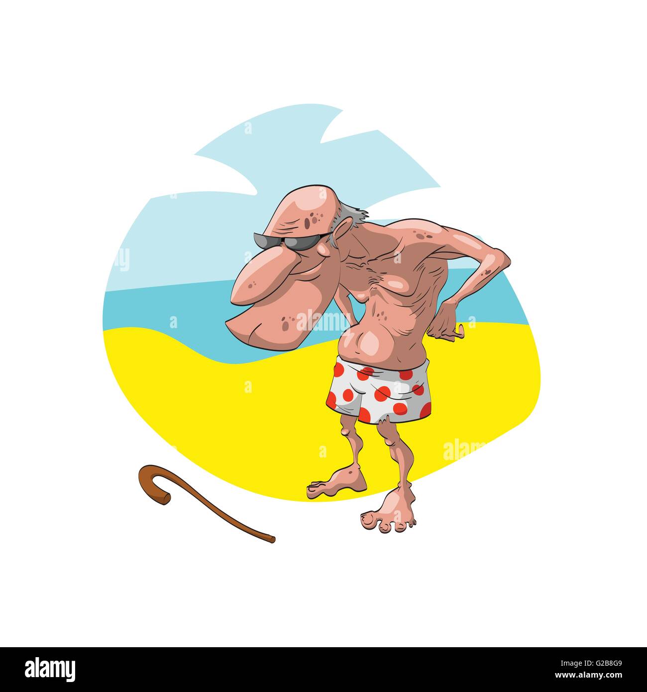 Colorful vector illustration d'un vieil homme chauve, grand-père, sur la plage, le port vieux short et lunettes de soleil. Avec un sourire espiègle Illustration de Vecteur