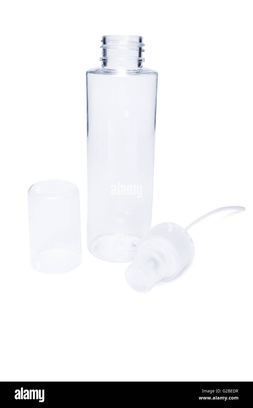 Ouvrir le tube ou le flacon spray contenant de plastique transparent isolé  sur fond blanc Photo Stock - Alamy