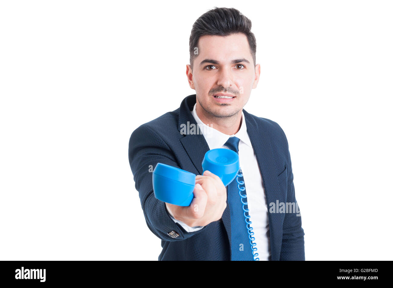 Portrait of attractive businessman holding retro téléphone dans sa main. Cet appel est pour vous concept isolated on white backgroun Banque D'Images