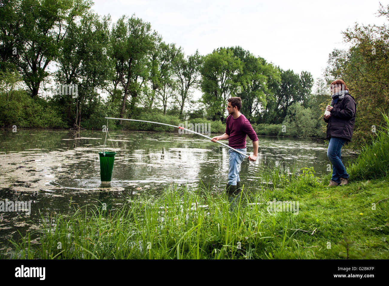 Les biologistes prennent l'eau des échantillons d'un étang couvert de végétation. Banque D'Images