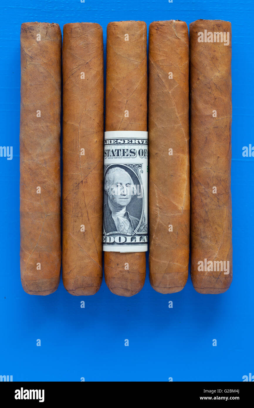 Détail de cigares cubains de luxe avec du dollar américain sur le bureau bleu Banque D'Images