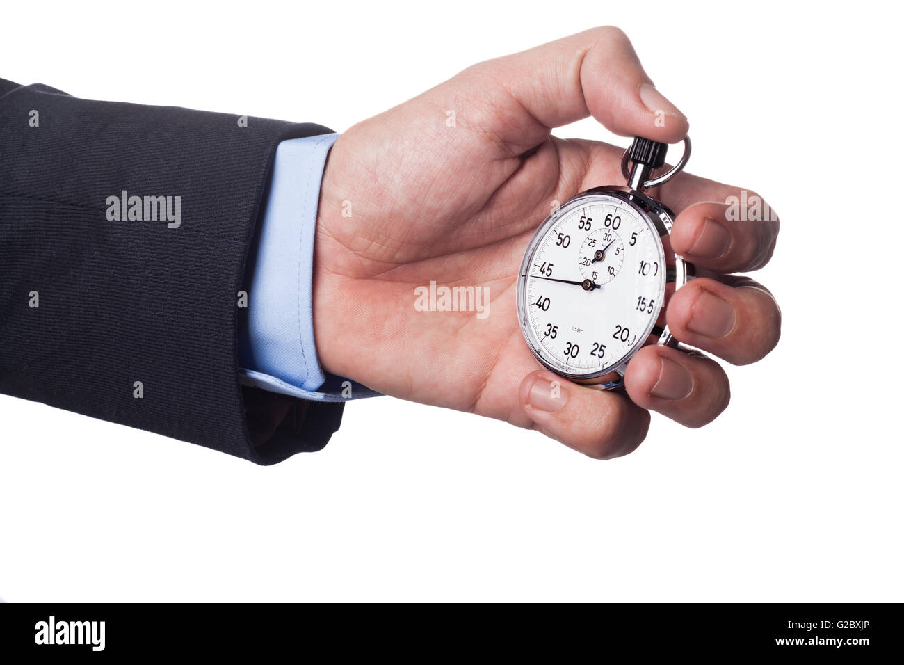 Les hommes de main en fonction de holding Silver Chronomètre analogique isolated on White Banque D'Images