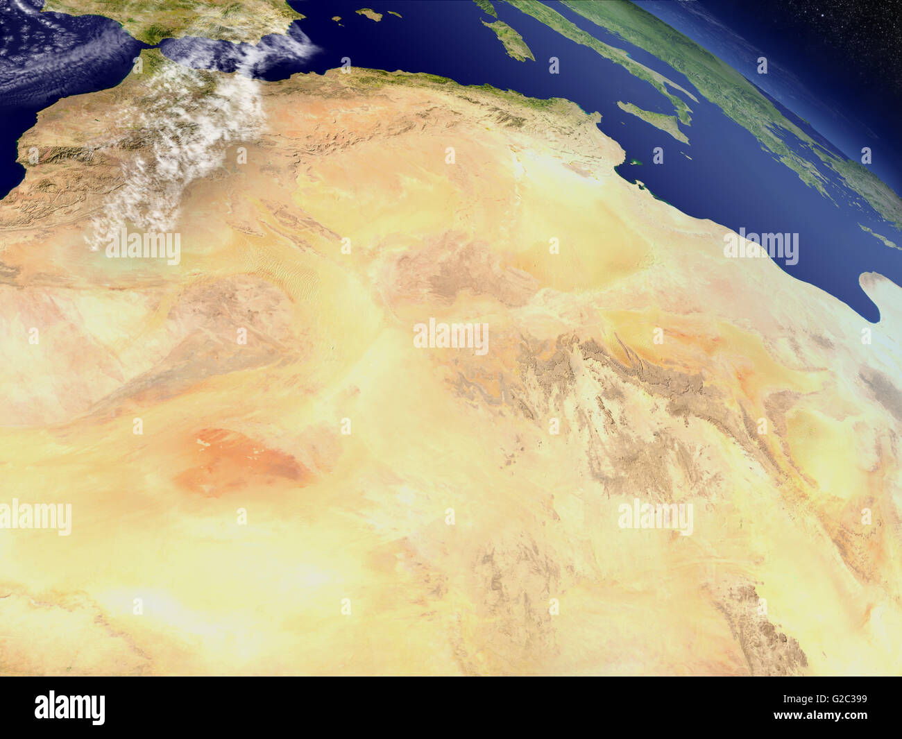 L'Algérie avec la région environnante comme vu de l'orbite de la Terre dans l'espace. Illustration 3D très détaillées avec planète réaliste surfa Banque D'Images