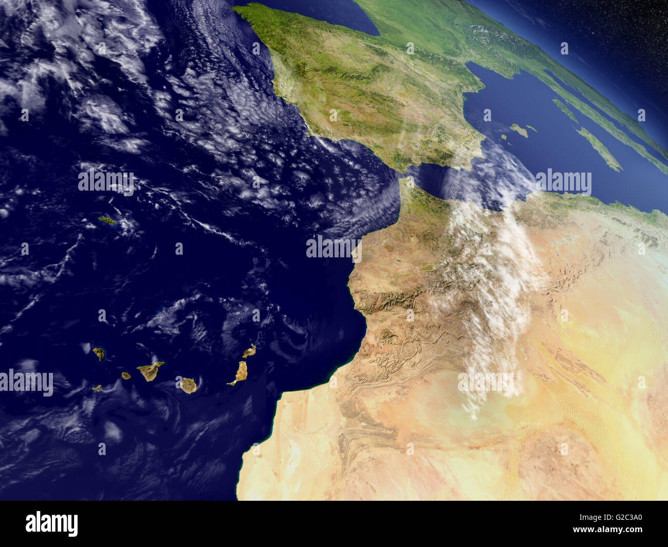 Le Maroc avec la région environnante comme vu de l'orbite de la Terre dans l'espace. Illustration 3D très détaillées avec planète réaliste surfa Banque D'Images