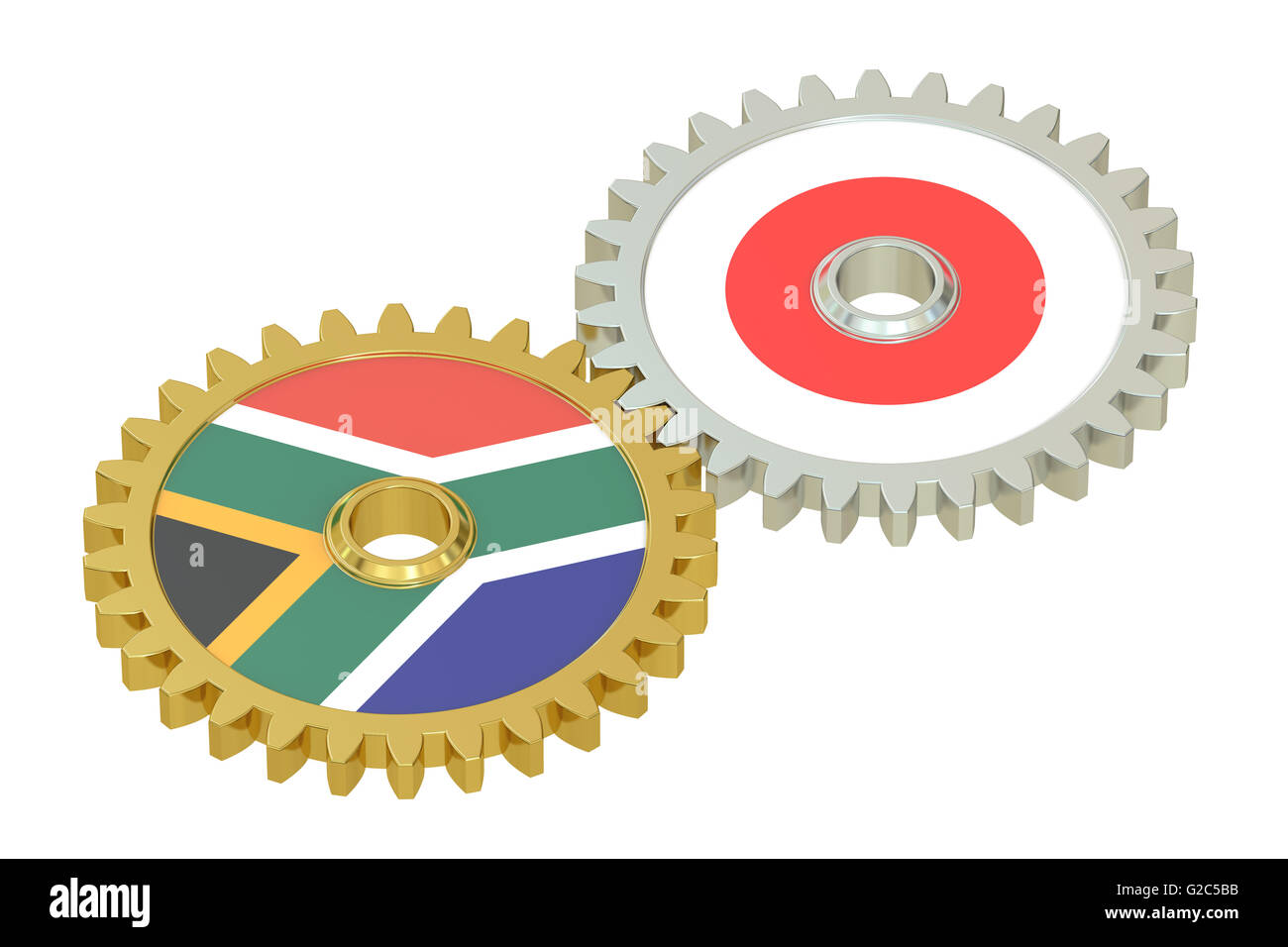 Les relations de l'Afrique du Sud et le Japon, les drapeaux sur un concept de vitesse. Le rendu 3D isolé sur fond blanc Banque D'Images