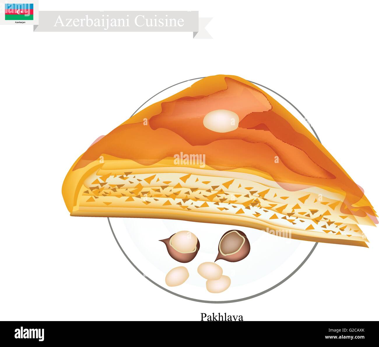 Une cuisine azerbaïdjanaise, Pakhlava ou traditionnelle Pâte filo Topping avec écrous et d'érable. L'un des plus populaires en Azerba Dessert Illustration de Vecteur