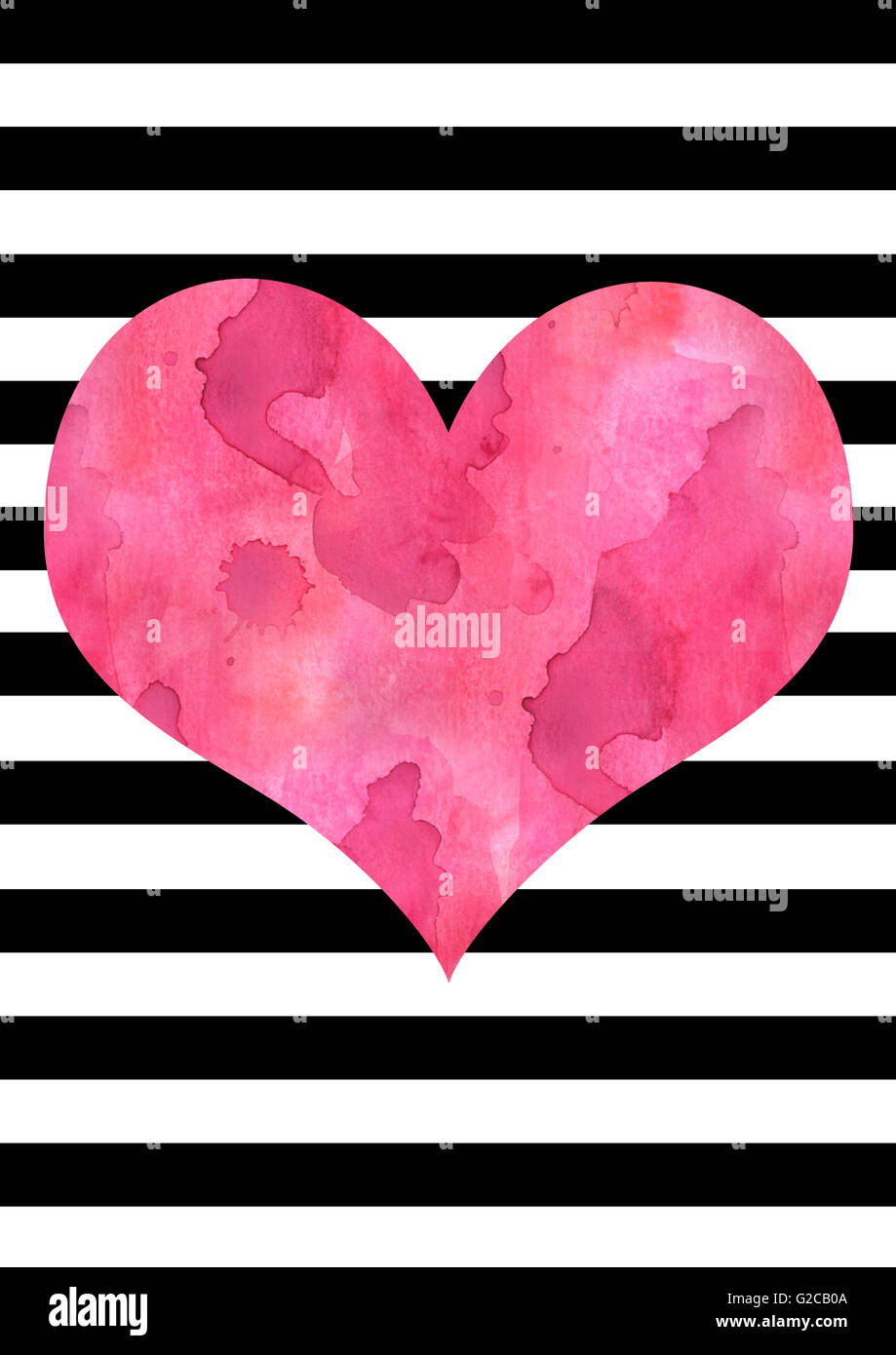 Effet aquarelle rose coeur sur un fond rayé noir et blanc Banque D'Images