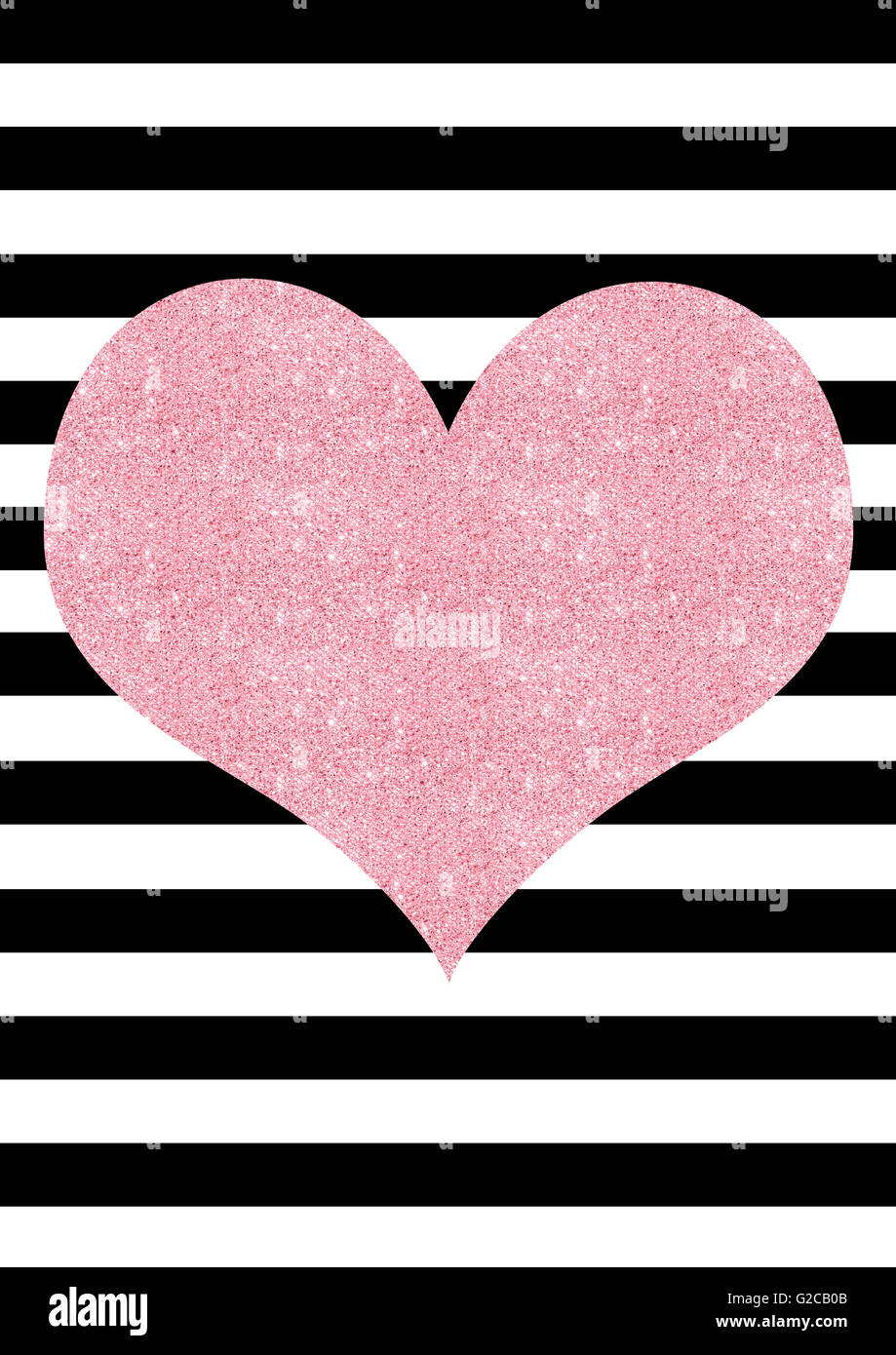 Pink glitter heart effet sur un fond rayé noir et blanc Banque D'Images
