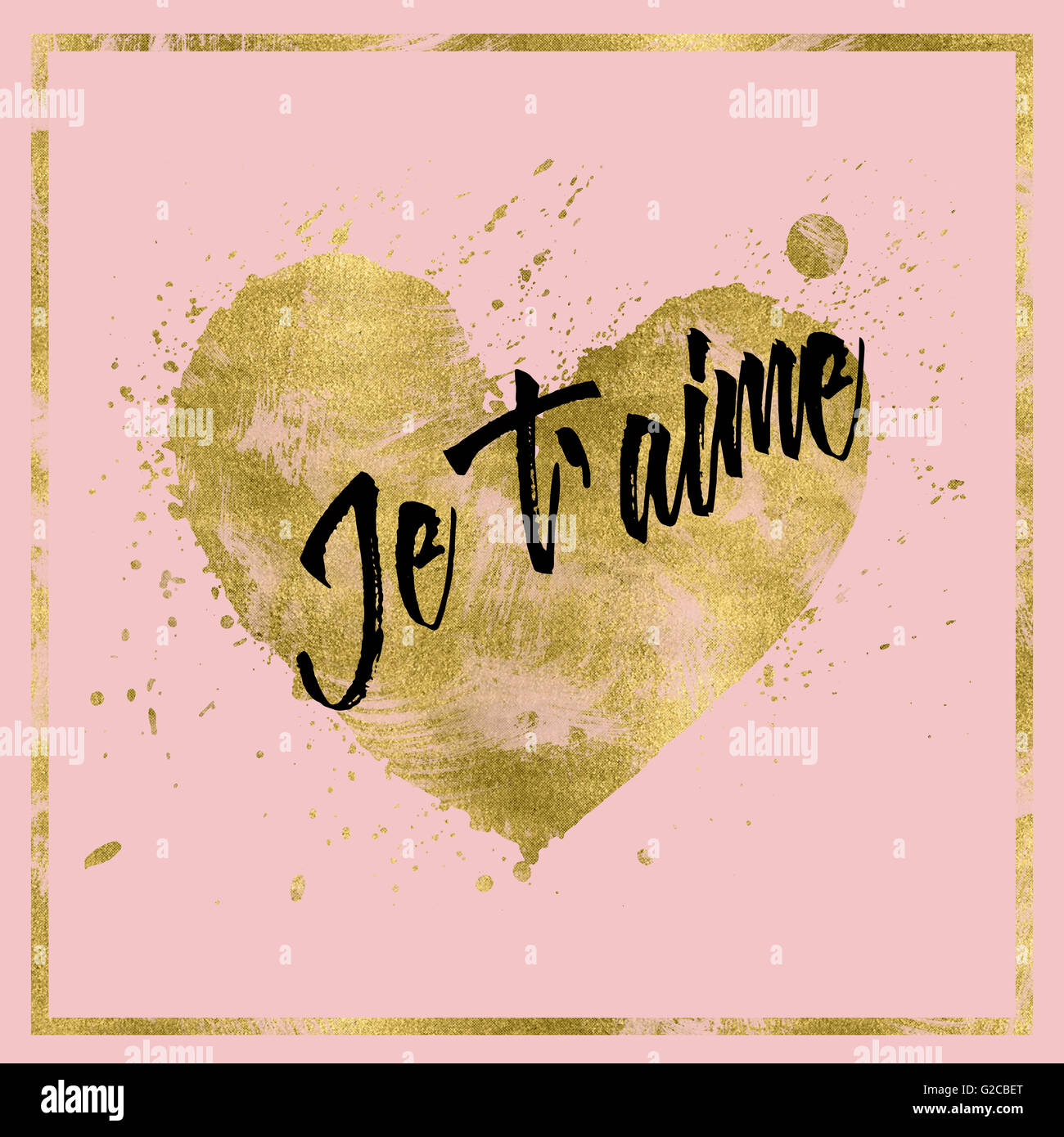 Effet feuille d'or coeur sur fond rose avec bordure dorée, parfait comme d'une carte ou l'art de mur Banque D'Images