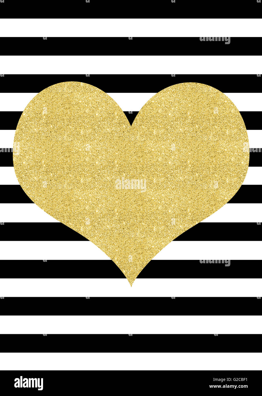Gold glitter coeur effet sur un fond rayé noir et blanc, parfait comme d'une carte ou l'art de mur Banque D'Images