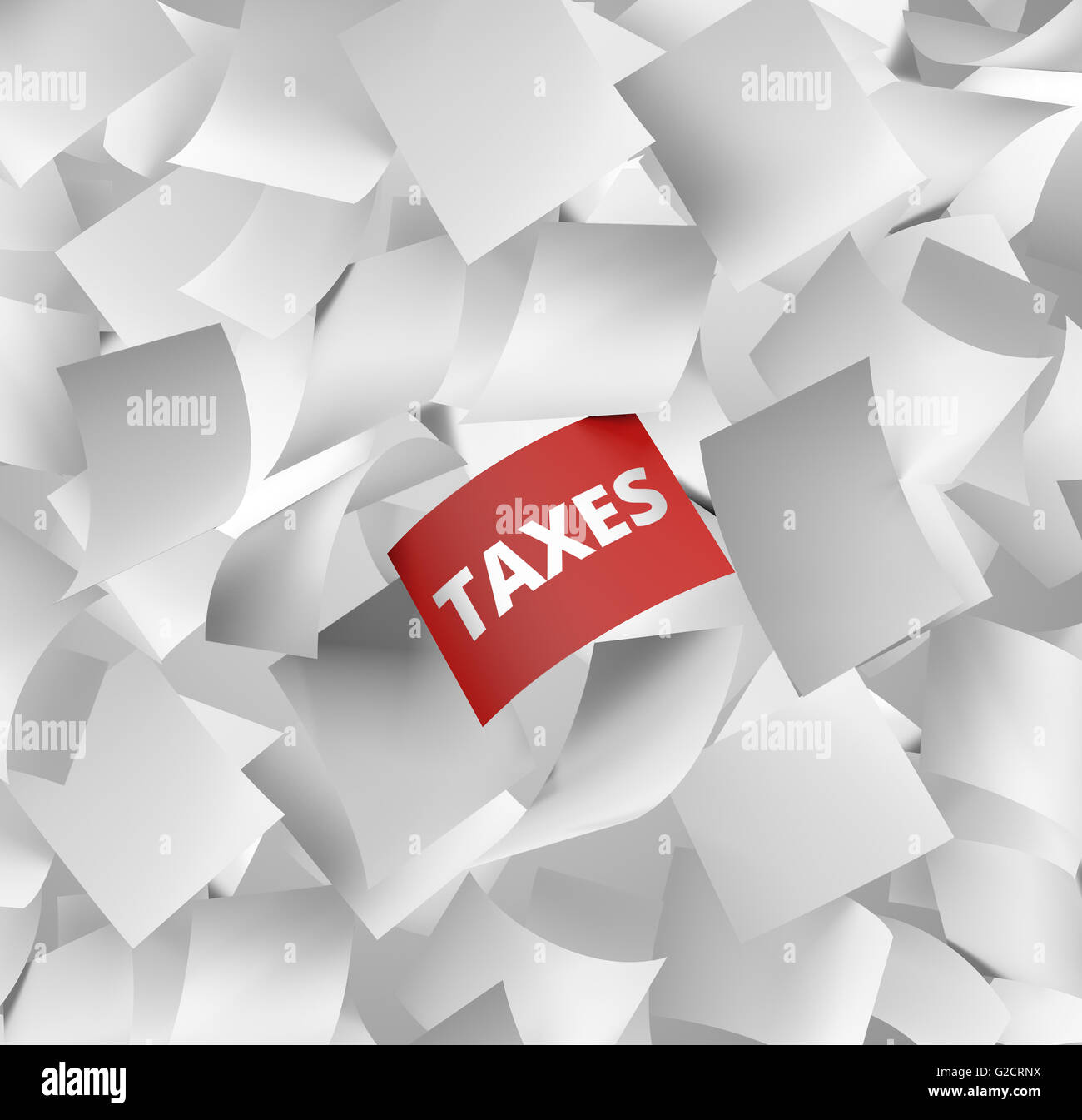Une grande quantité de papiers blanc vide chute avec un rouge avec le mot écrit dessus taxes Banque D'Images