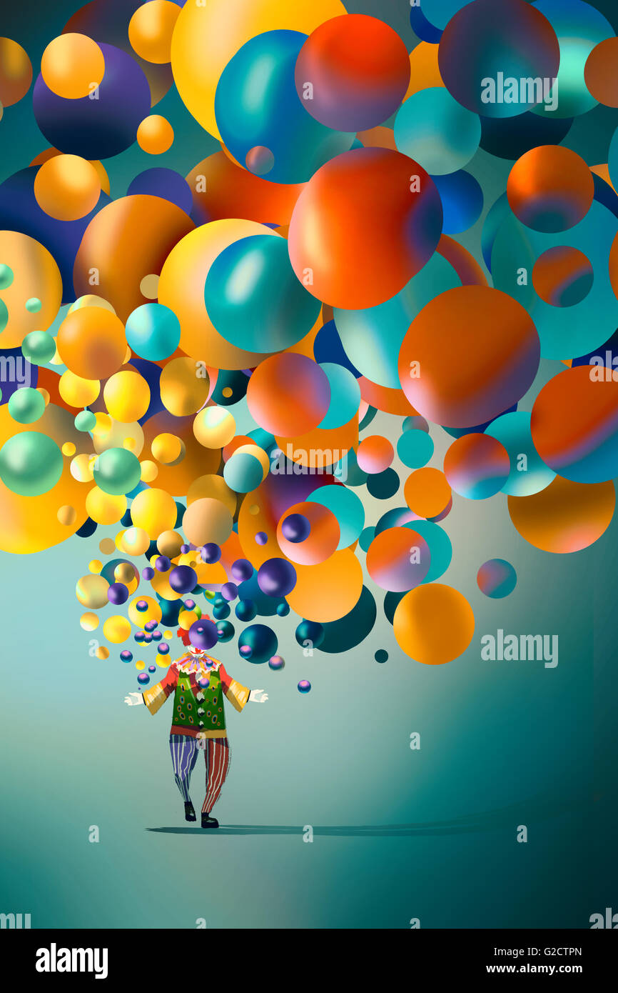 Funny clown aux ballons colorés,illustration art Banque D'Images