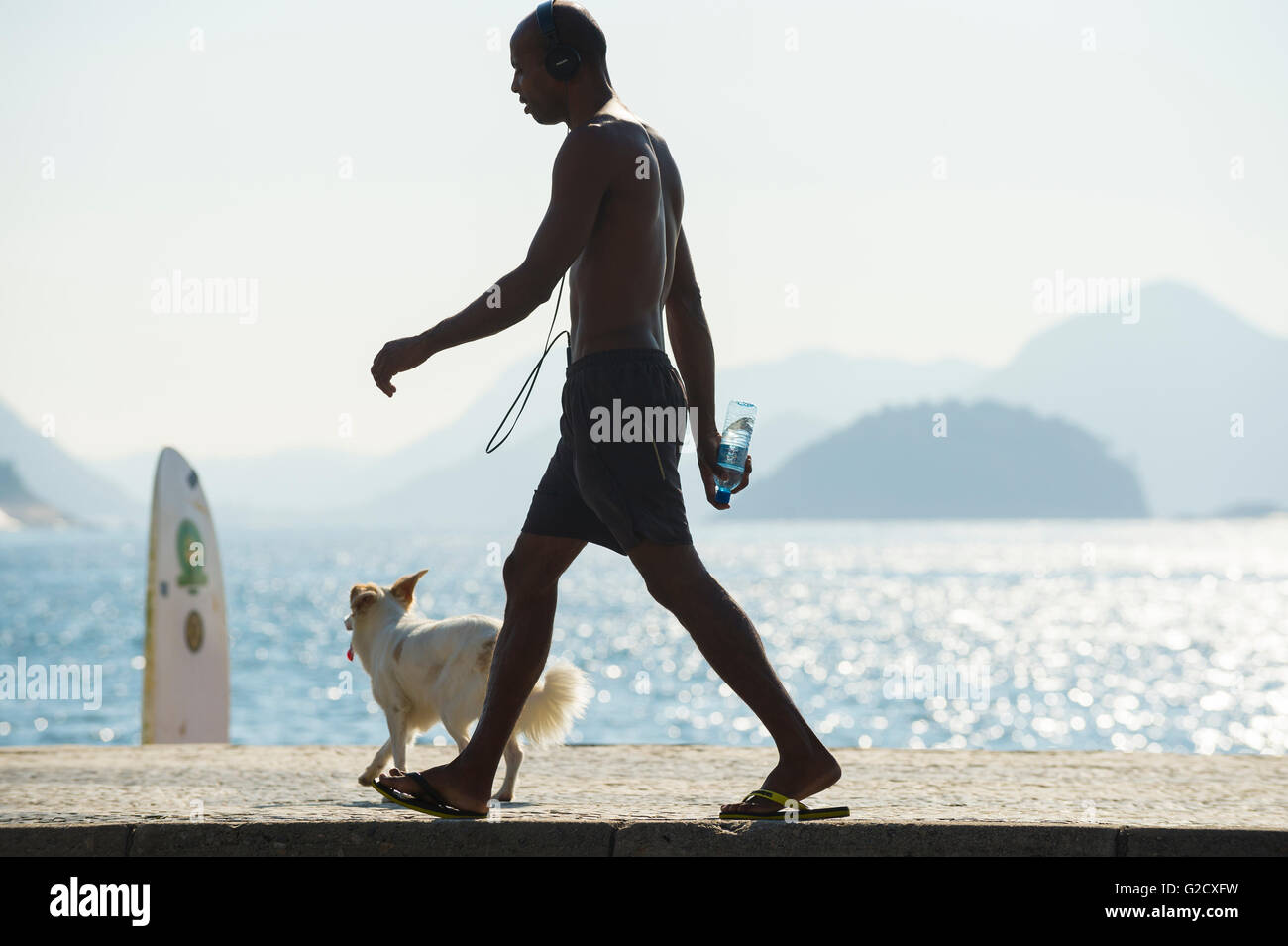 RIO DE JANEIRO - 3 avril, 2016 : un jeune homme marche brésilien avec un chien le long d'un lumineux matin vue sur la promenade de Copacabana. Banque D'Images