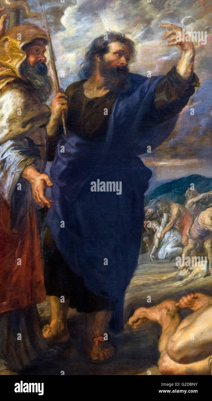 Moïse dans un détail du Serpent d'Airain par Peter Paul Rubens, huile sur toile, probablement 1635-40. Moïse avec l'Éléazar à capuchon à côté de lui, les appels vers le peuple d'Israël qui sont attaqués par une invasion de serpents que Dieu les a envoyés à cause de leurs péchés. La peinture complète peut être vu comme G2DBPT Banque D'Images