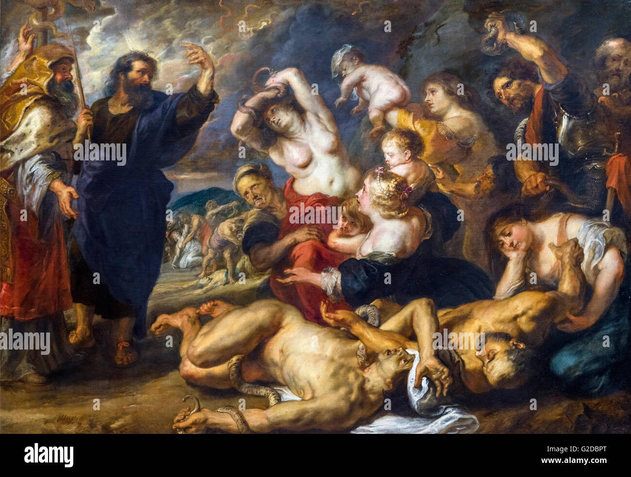 Le Serpent d'Airain par Peter Paul Rubens, huile sur toile, probablement 1635-40. Moïse de gauche, le phoque à capuchon Éléazar, à côté de lui, les appels vers le peuple d'Israël qui sont attaqués par une invasion de serpents que Dieu les a envoyés à cause de leurs péchés. Il leur dit de regarder un serpent de bronze qu'il a mis en place sur un poteau, en haut à gauche, parce que 'Tout le monde c'est mordu, quand il regardera vivra." Ancien Testament (Nombres 21 : 6-9). Banque D'Images