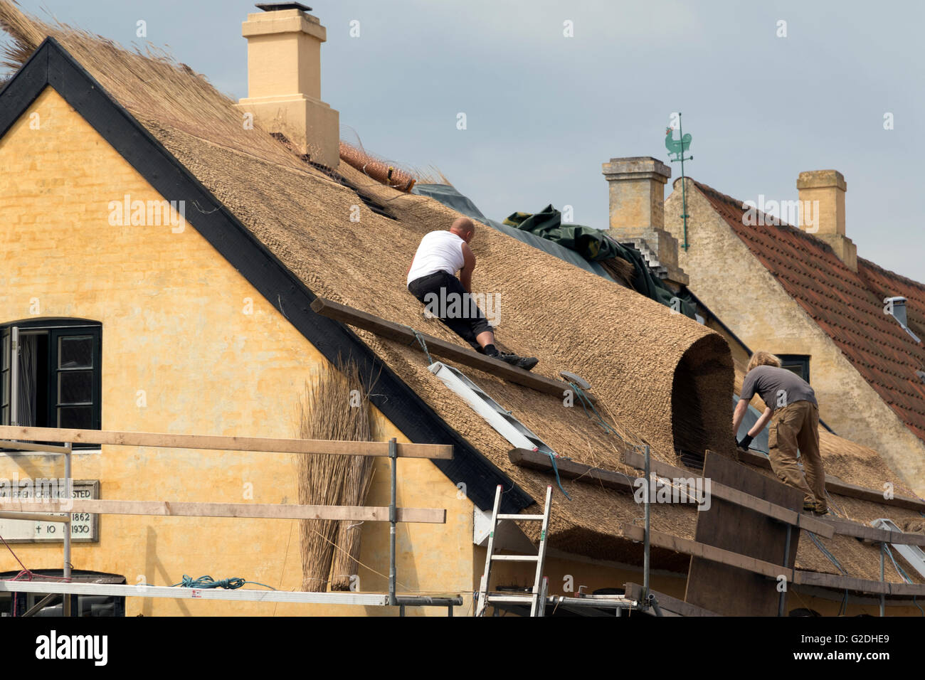 Au travail sur Thatchers nouveau toit dans le village historique de Dragor dans le sud du Danemark Banque D'Images