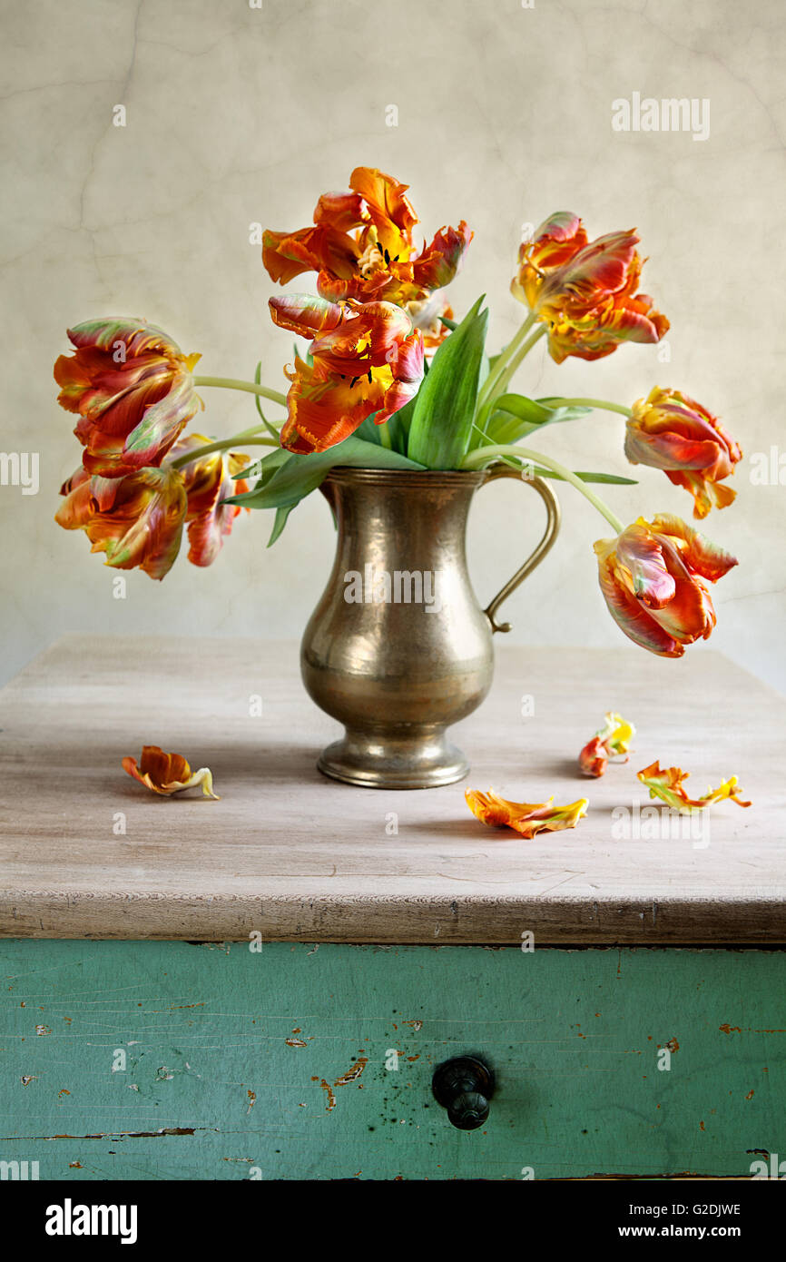 Orange-ornementale tulipes jaunes dans une antique metal verseuse à pétales tombés sur la vieille table en bois Banque D'Images