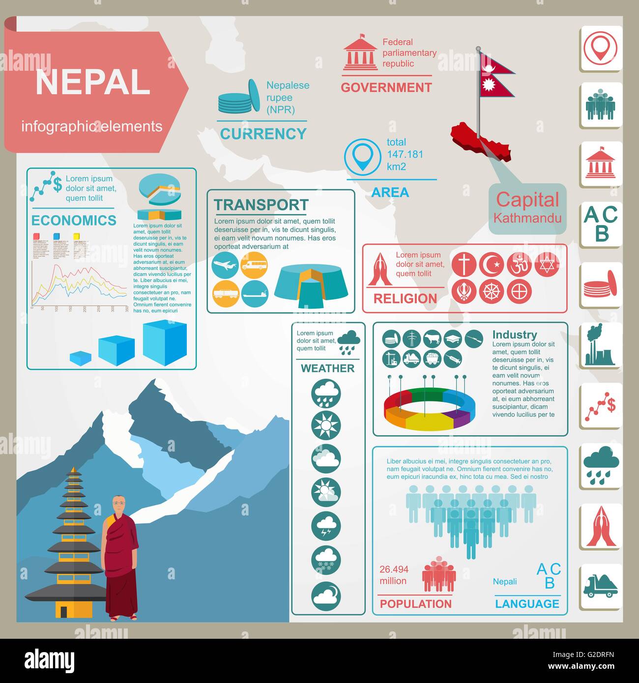 Le Népal des infographies, des données statistiques, des sites touristiques. Vector illustration Illustration de Vecteur