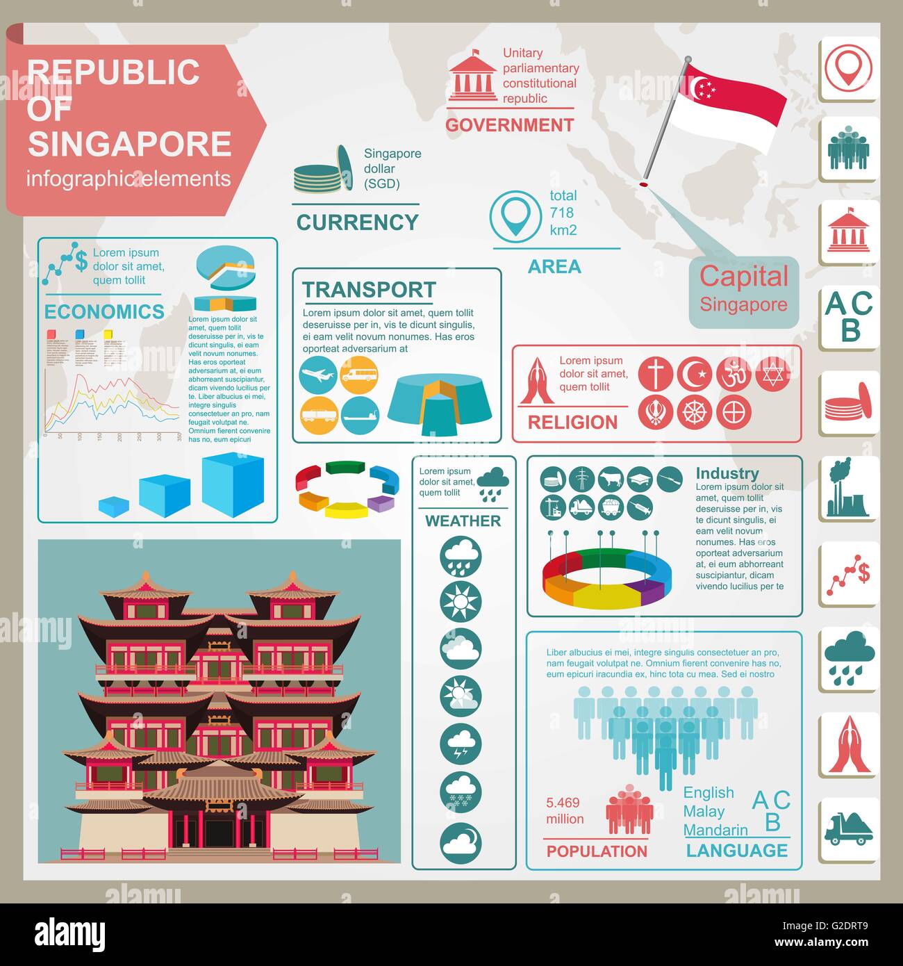 Singapour des infographies, des données statistiques, des sites touristiques. Vector illustration Illustration de Vecteur