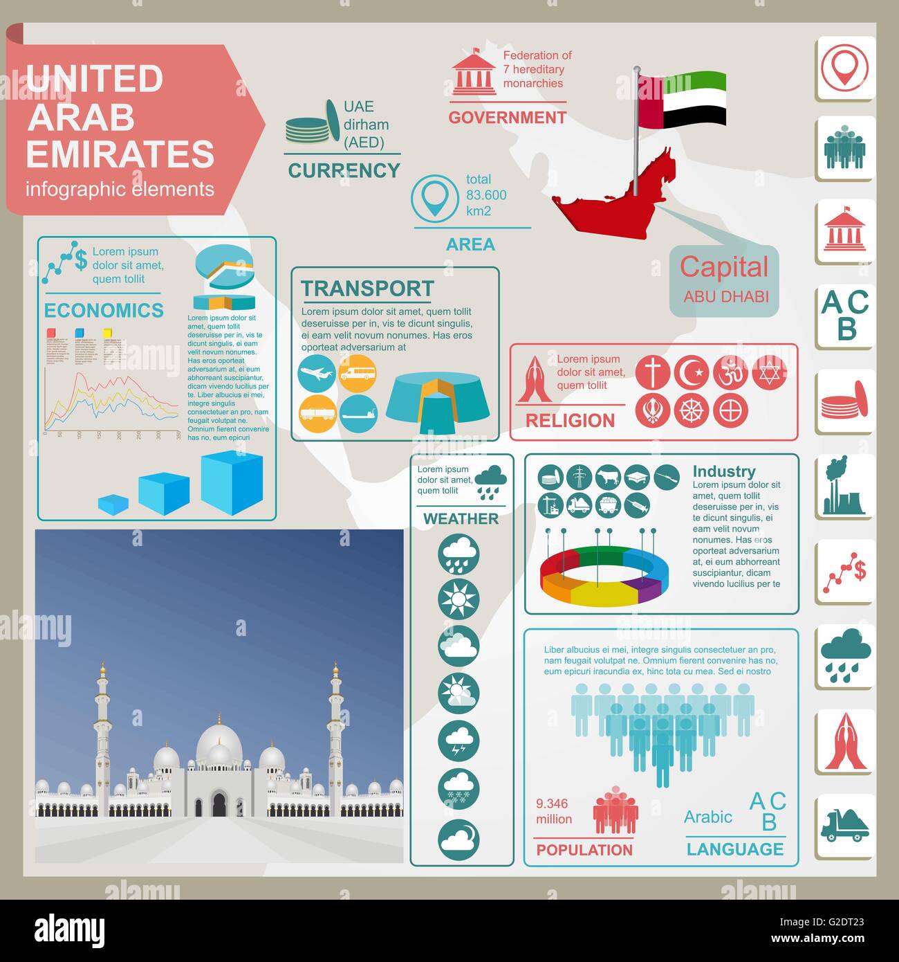 Emirats Arabes Unis des infographies, des données statistiques, des sites touristiques. Vector illustration Illustration de Vecteur