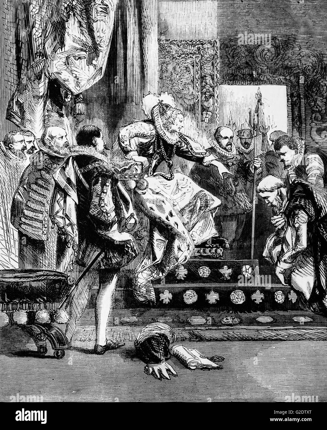 James Stewart, 1e comte de Moray (1531 - 1570) membre de la chambre de Stewart en tant que le fils illégitime du Roi James C. Il a mené une rébellion contre Marie, Reine des Écossais, en 1565, a été battu et s'enfuit à Londres. Vu ici avec la reine Elizabeth I Banque D'Images