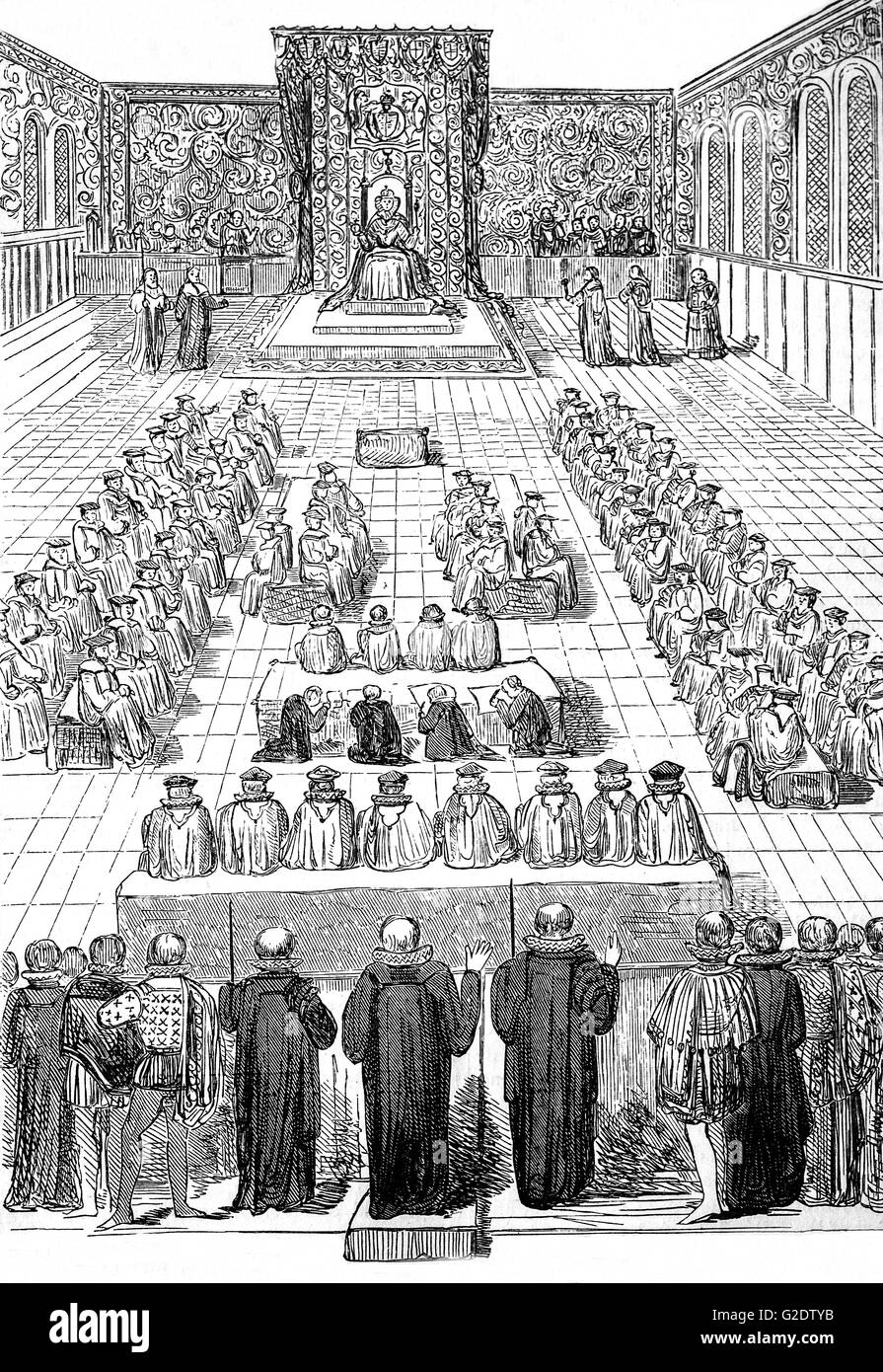 La reine Elizabeth I, avec son Parlement à la Chambre des Lords, à Londres, Angleterre 1567. Banque D'Images