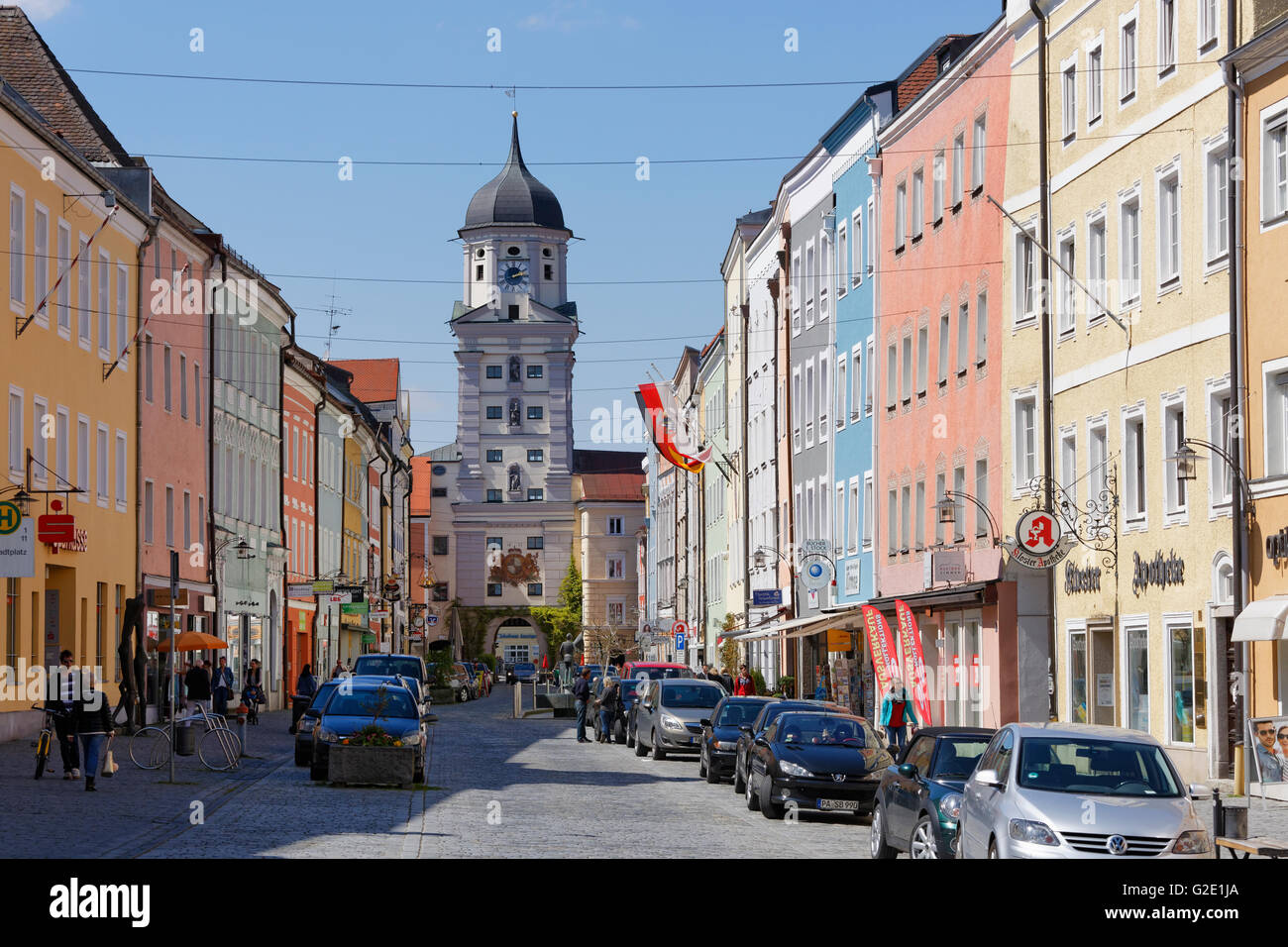 Town Square et City Tower, Vilshofen, Thuringe, Bavière, Allemagne Banque D'Images