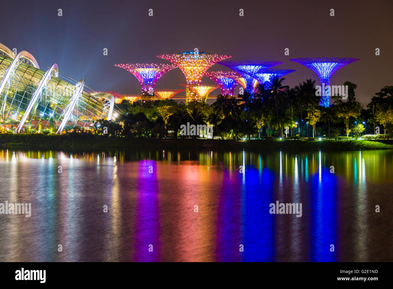 La réflexion de l'eau la nuit, Super arbres, jardins de fleurs, par la baie de Marina Bay, Centre-ville, Singapour Banque D'Images