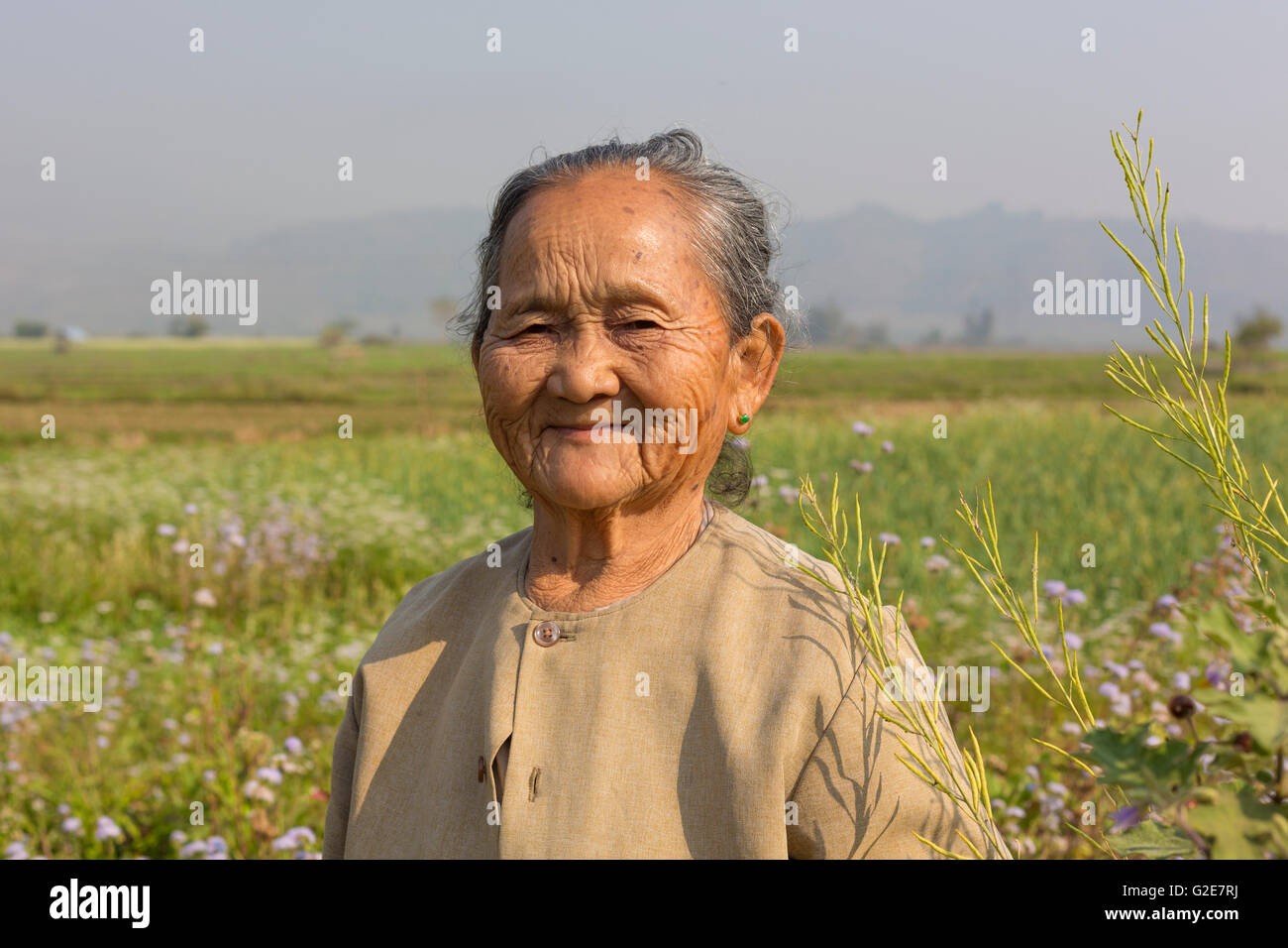 Vieille Femme birmane avec sourire dans les champs, Myanmar, Birmanie, Asie du Sud, Asie Banque D'Images