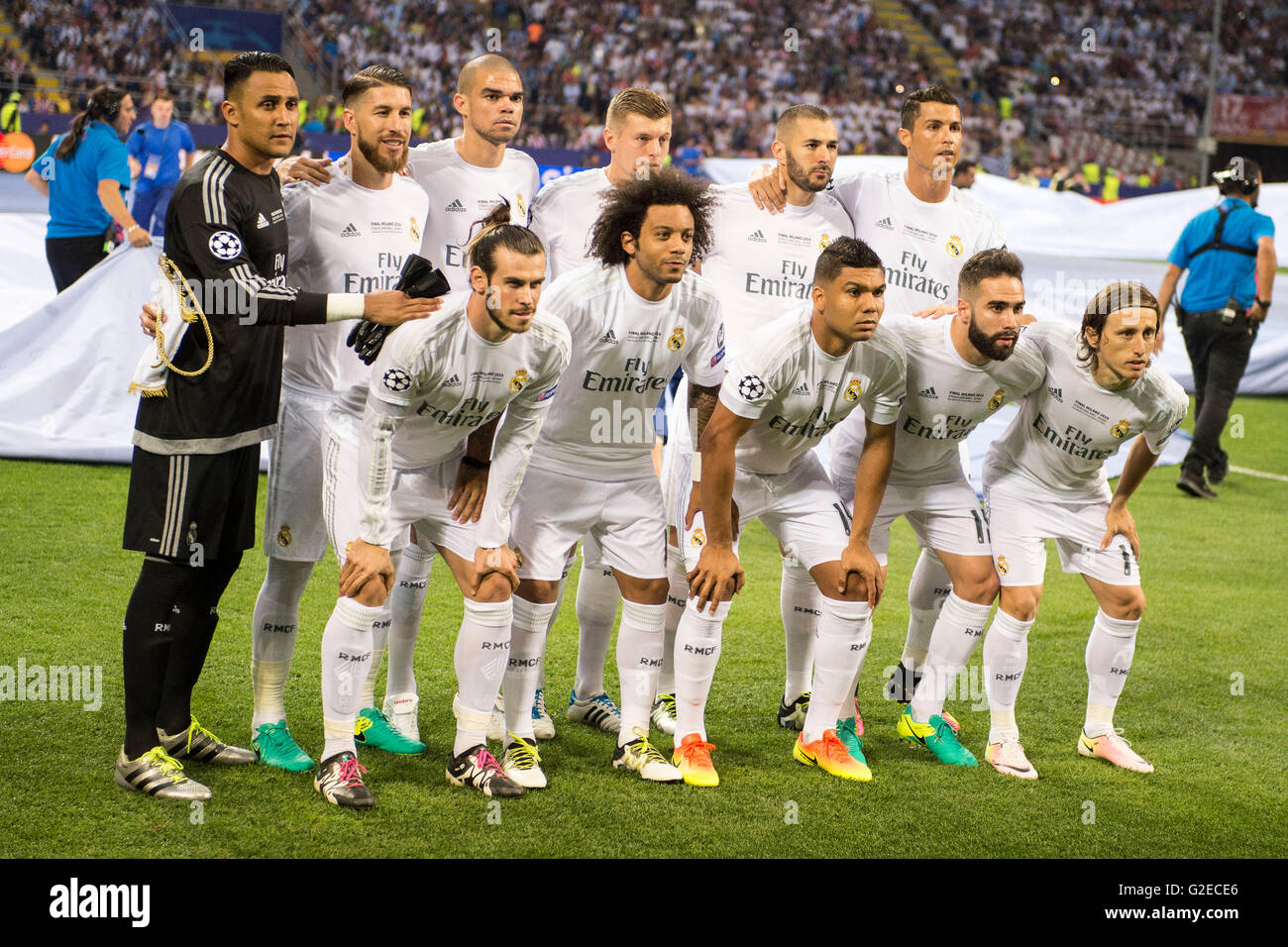 Milan, Italie. 28 mai, 2016. Groupe de l'équipe du Real Madrid line up  Football/soccer : l'équipe du Real Madrid (groupe Haut L-R) Keylor Navas,  Sergio Ramos, Pepe, Toni Kroos, Karim Benzema, Cristiano