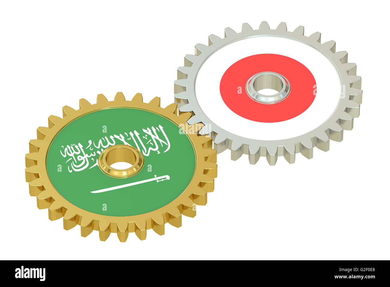 Le Japon et l'Arabie saoudite les drapeaux sur les pignons d'un rendu 3D, isolé sur fond blanc Banque D'Images