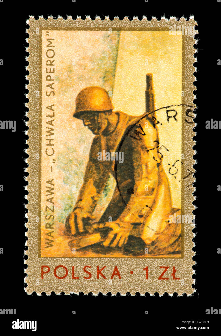 Timbre-poste de la Pologne représentant le Mémorial des Sapeurs par Stanislaw Kulow à Varsovie, WW2 memorial Banque D'Images