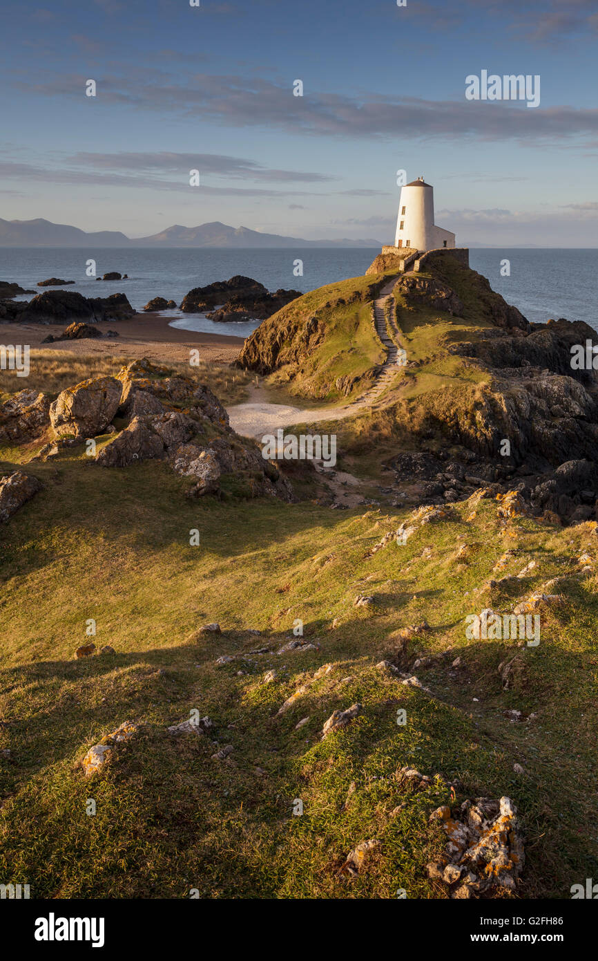 Tŵr Mawr phare sur l'île Llanddwyn, Anglesey, au nord du Pays de Galles UK au lever du soleil. Banque D'Images