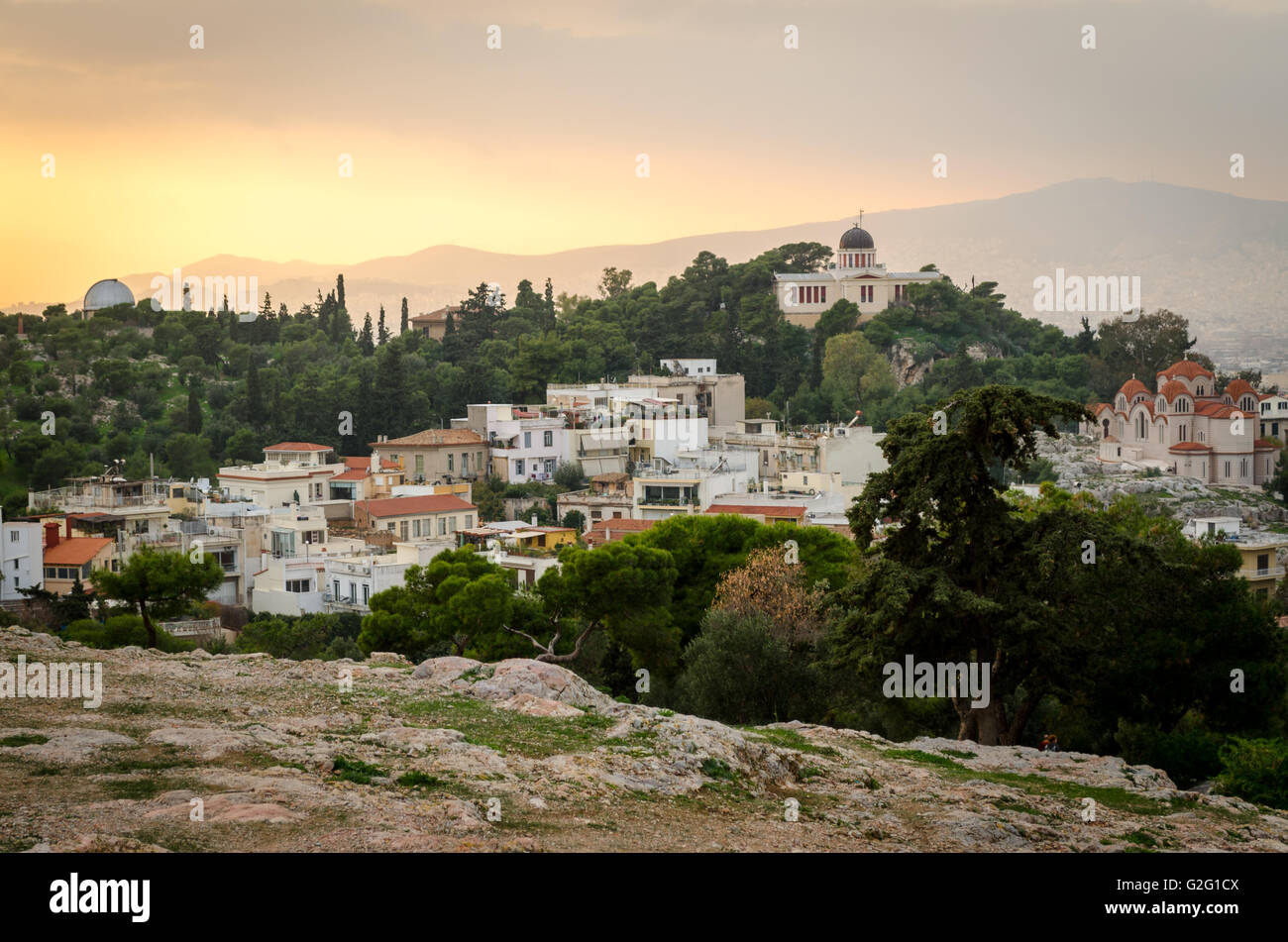Dans la Colline Filopappou Athènes au coucher du soleil Banque D'Images