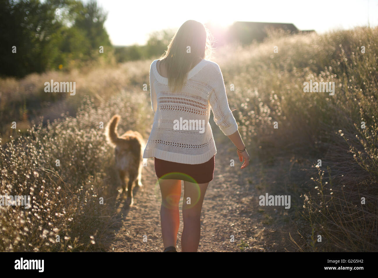 Teenage Girl Walking Dog, vue arrière Banque D'Images