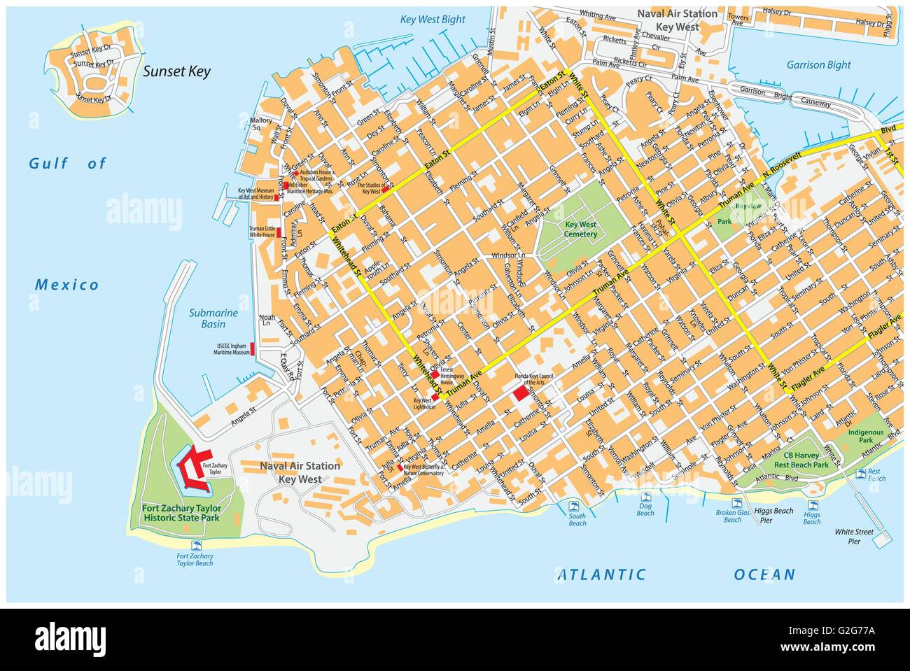 Key West carte routière avec des noms de rue, Florida, United States Illustration de Vecteur