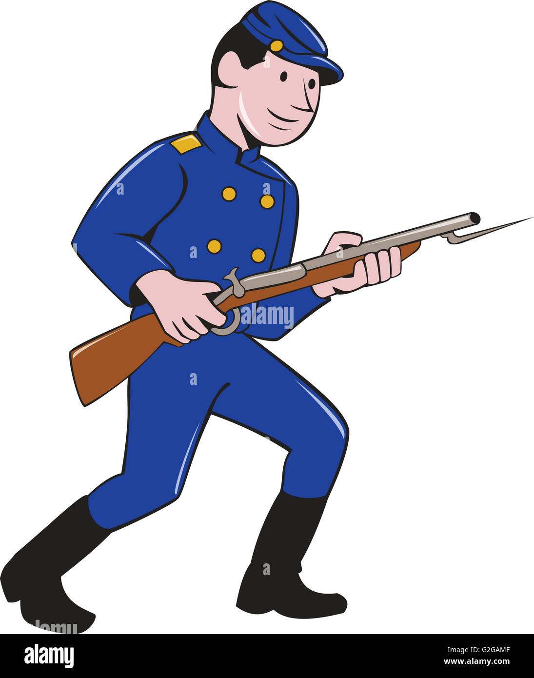 Illustration d'un soldat de l'Armée de l'Union pendant la guerre civile américaine holding fusil à baïonnette isolé sur fond blanc fait dans un style de dessin animé. Illustration de Vecteur