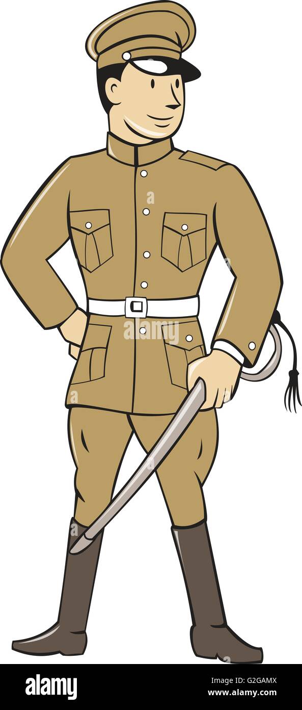 Illustration d'un officier britannique de la Première Guerre mondiale soldat soldat debout tenant un sabre à la recherche sur le côté vue de l'avant Illustration de Vecteur