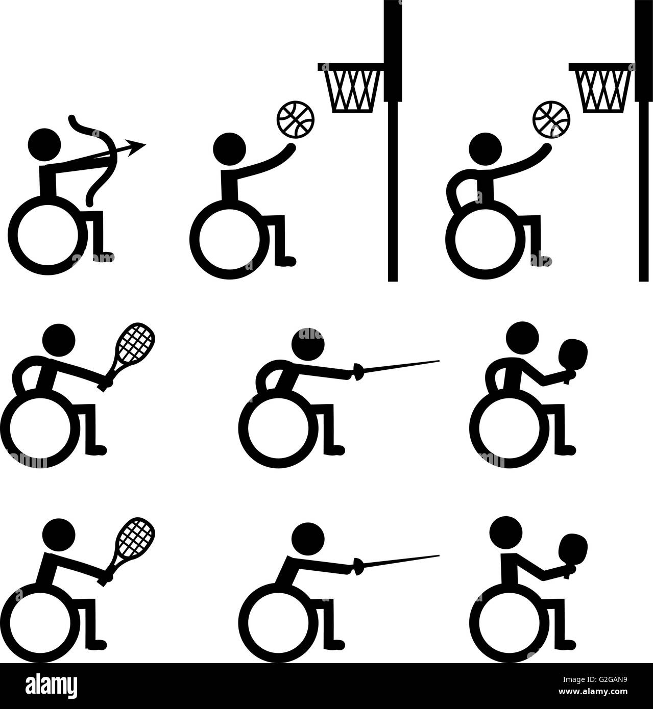 Désactiver les icônes du sport Handicap, tir à l'arc, basket-ball, tennis, tennis de table et d'escrime Illustration de Vecteur